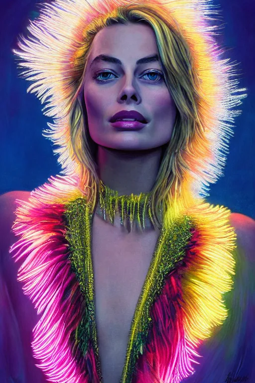 Image similar to Detailed portrait of beautiful Margot Robbie strong neon lighting, extravagant feathered collar, futuristic, by glenn fabry, hyper realistic, HD, oil on canvas