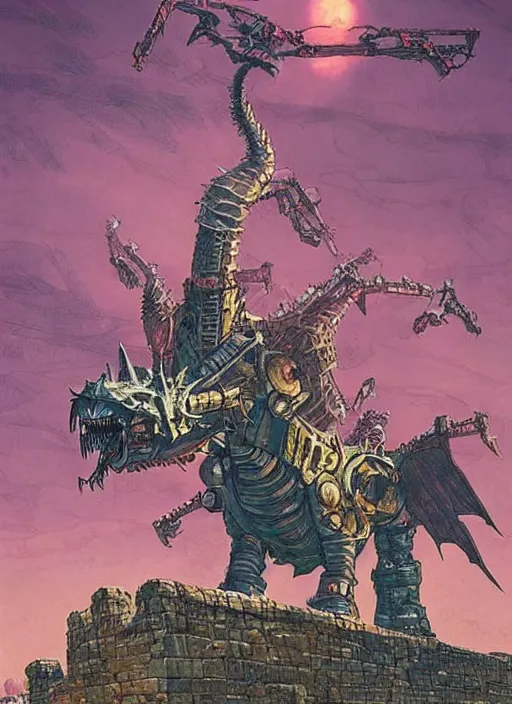 Image similar to detailed fantasy comic book drawing of a ( giant mechanical dragon ) over a ( stronghold castle ) by simon stalenhag, simon bisley!, jack kirby!!! and gris grimly, cinematic, epic, awesome color palette, hard contrast, ink outlines