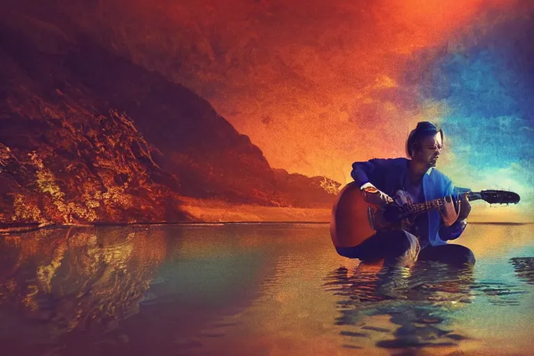 Prompt: mysterious man playing guitar near a lake, hyper detailed, orange red blue tones dramatic lighting, cgsociety, realistic, hyper detailed, insane details, intricate, dramatic lighting, hypermaximalist, golden ratio, rule of thirds, octane render, weta digital, micro details, ultra wide angle, artstation trending, 8 k,