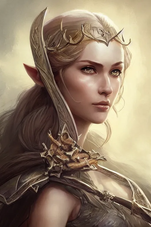 Image similar to elven woman with bow on back, highly detailed, d & d, fantasy, portrait, highly detailed, headshot, digital painting, trending on artstation, concept art, sharp focus, illustration, art by artgerm and greg rutkowski and magali villeneuve