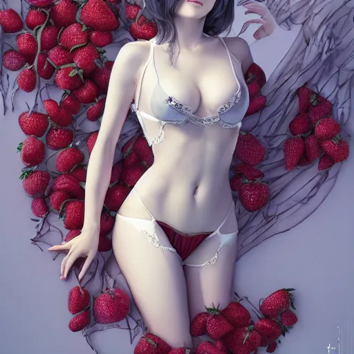 Prompt: the photoshoot of an absurdly beautiful, graceful, elegant, sophisticated young gravure idol made of strawberries and white petals with tears, an ultrafine hyperdetailed illustration by kim jung gi, irakli nadar, intricate linework, bright colors, octopath traveler, final fantasy, unreal engine 5 highly rendered, global illumination, radiant light, detailed and intricate environment