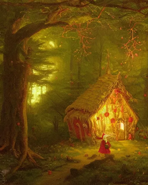 Image similar to an oil painting of a candy - covered gingerbread witch's house in the forest, by thomas cole, ivan shiskin, and james gurney