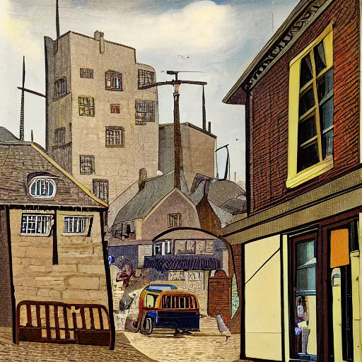 Prompt: interior of a large city, in small streets in the style of Dorning Rasbotham, English artist and writer, surrealist