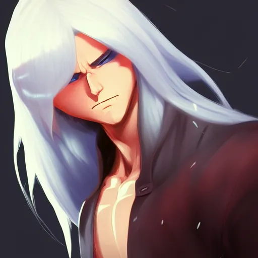 Image similar to buffed guy, long white hair, horns, red eye makeup, style of makoto shinkai and artgerm and loish, dynamic lighting trending on artstation