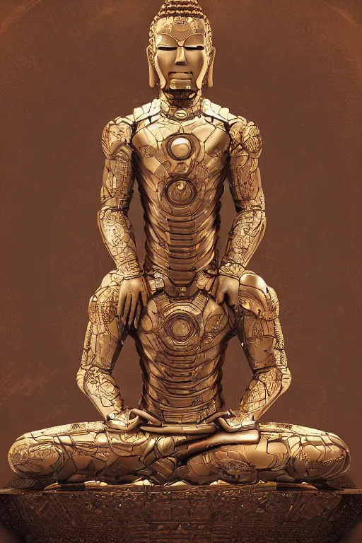 Image similar to digital masterpiece illustration concept art of porcelain statue of buddha gautama as iron man, varasana, lotus, padmasana, extremely detailed and intricate complexity, epic composition, magical atmosphere, cinematic lighting, wide long shot, trending on artstation, 8 k