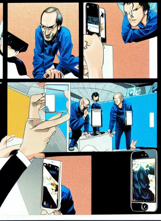 Image similar to steve jobs revealing the iphone at wwdc, manga comic, color, by katsuhiro otomo and hiroya oku and makoto yukimura