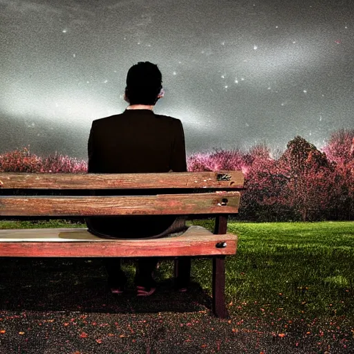 Prompt: a man sitting on a bench at nigh, stunning digital art