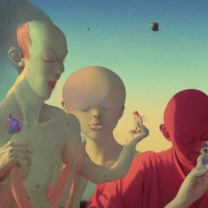 Image similar to close up portrait of a man and woman having fun with lsd and magic mushrooms by kawase hasui, moebius, Edward Hopper and James Gilleard, Zdzislaw Beksinski, Steven Outram, 8k, volumetric lighting, artstation