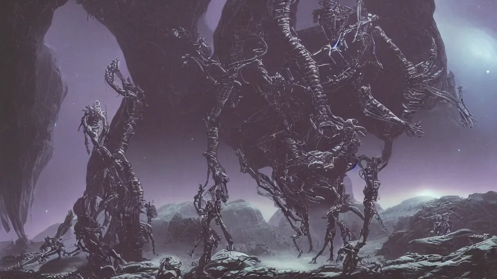 Prompt: a dark space alien is encountered during a space walk on planet Enduria b, in the style of Wayne Barlowe