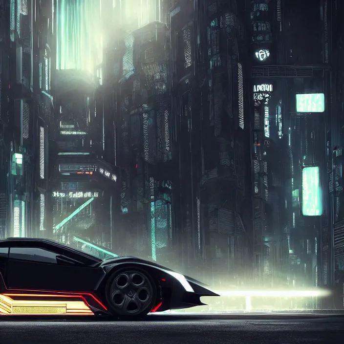Prompt: dark cyberpunk car lamborgini counatch, in drak style cyberpunk city. by neill blomkamp director film, by chris labrooy. extreamly detailed, photorealism, photography, raytracing, 8 k, octane render, hyperrealism, perfect composition, art top in artstation, rendered in rtx, ssao, fxaa, unreal engine
