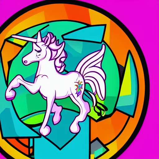 Image similar to svg vector sticker of a Unicorn-Pegasis, rocking out, wearing headphones, huge speakers, dancing, rave, DJ, spinning records, digital art, amazing composition, rule-of-thirds, award-winning, trending on artstation, featured on deviantart