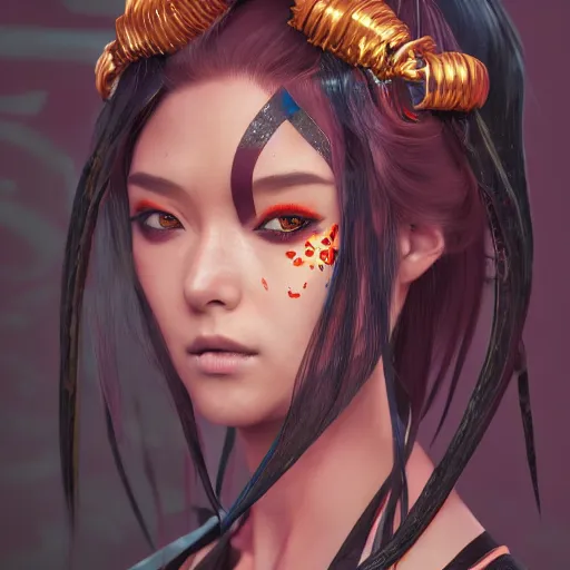 Image similar to geisha ninja girl anime, hyper detailed, digital art, trending in artstation, cinematic lighting, redhead, studio quality, smooth render, fluorescent skin, unreal engine 5 rendered, octane rendered, art style by klimt and nixeu and ian sprigger and wlop and krenz cushart