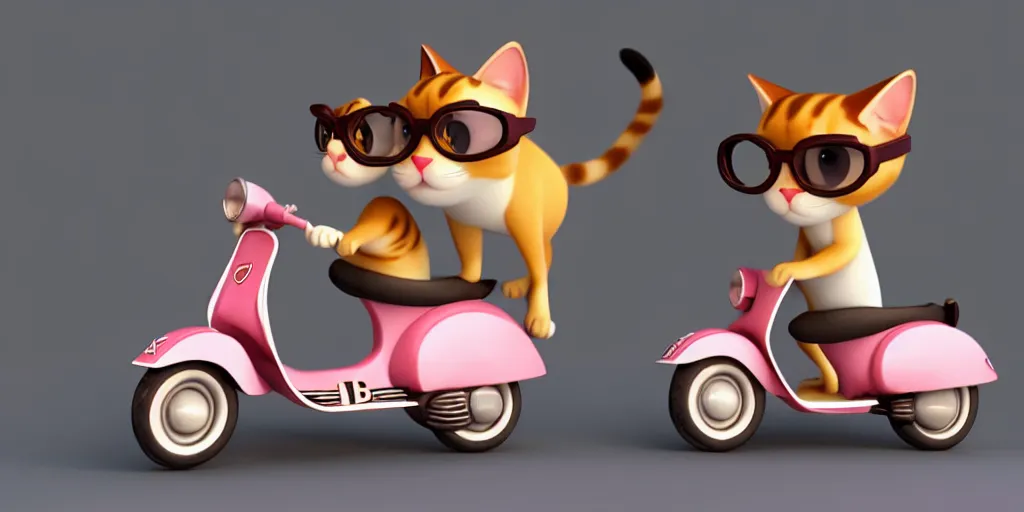 Prompt: a cute cat on a vespa wearing retro aviator pilot glasses goggles, pixar animation studio, sharp render