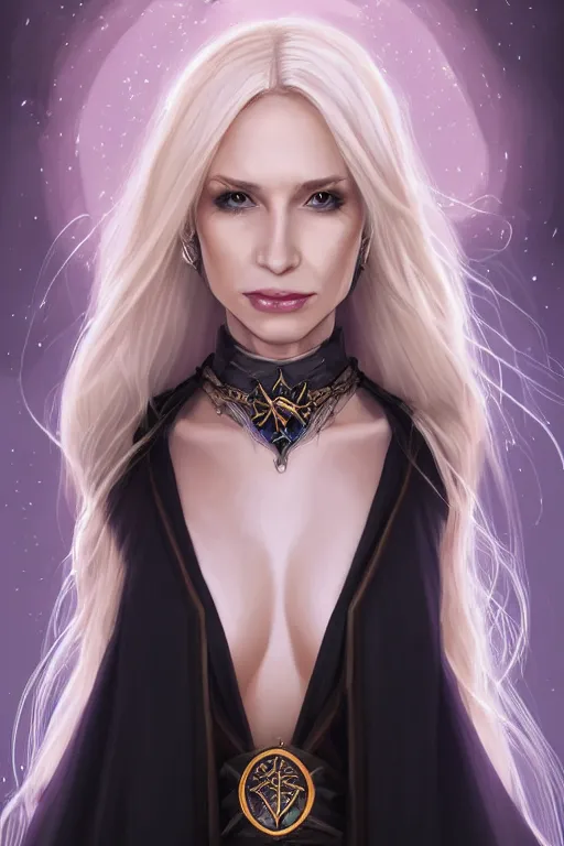 Image similar to portrait of a gorgeous female sorceress, looking at camera, D&D, choker on neck, stylish dark dress, arcane symbols, very long flowing blond hair, intricate, elegant, stylish, cute slightly nerdy smile, mouth slightly open, fantasy, extremely detailed, digital painting, artstation, concept art, smooth, sharp focus, illustration, stunning lighting, art by artgerm and greg rutkowski and alphonse mucha and simon stalenhag