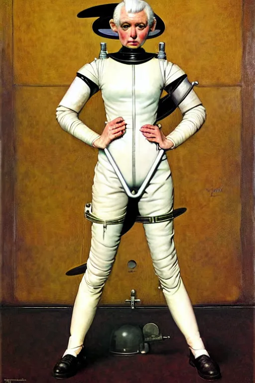 Image similar to pulp scifi fantasy illustration full body portrait android girl, fencer, white hair, in leather, by norman rockwell, roberto ferri, daniel gerhartz, edd cartier, jack kirby, howard v brown, ruan jia, tom lovell, frank r paul, jacob collins, dean cornwell, astounding stories, amazing, fantasy, other worlds