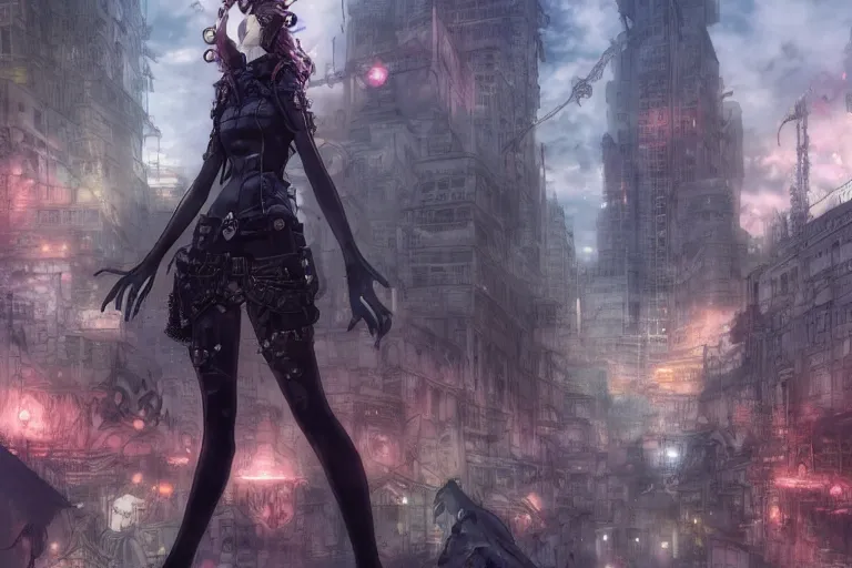 Image similar to goth woman in front of city, color page, tankoban, 4 k, tone mapping, akihiko yoshida, james jean andrei riabovitchev marc simonetti, yoshitaka amano, long hair, curly, h. hydrochaeri