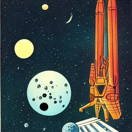 Prompt: rickety space ship hurtling towards the moon, science fiction pulp illustration