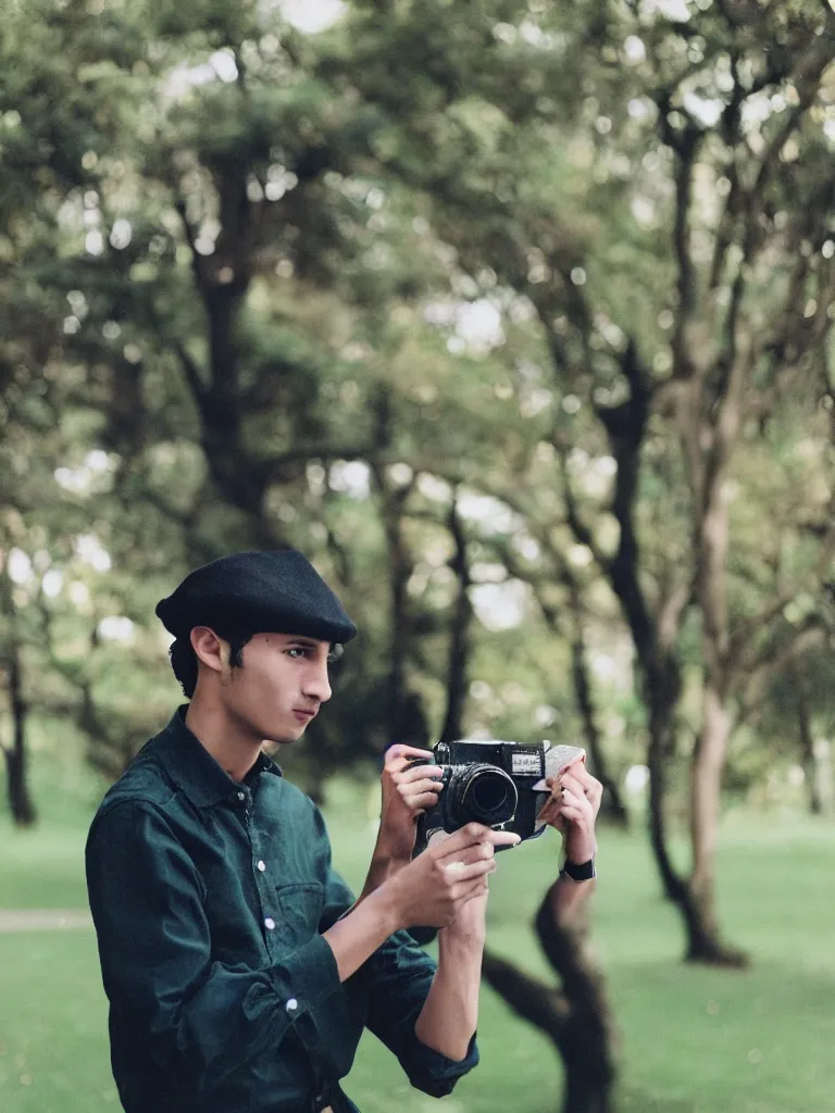 Prompt: slim young man with dark curly hair wearing a black artists beret, a green shirt, black trousers, taking a photo with his 35mm camera in a park highly lomo bright colours vintage