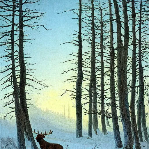 Prompt: caspar david friedrich style painting, winter forest, moose, spruce trees