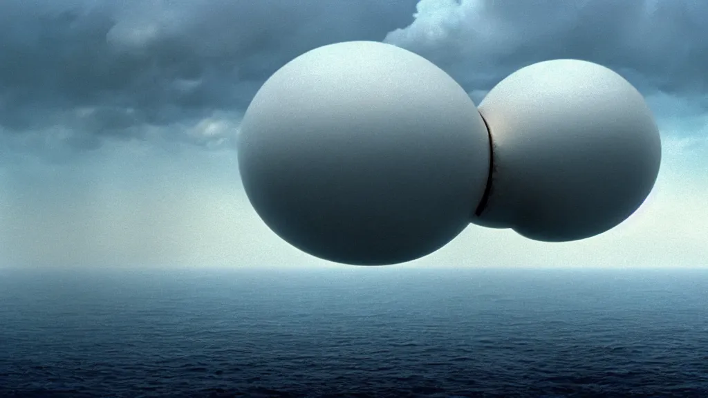 Prompt: a giant white spherical spaceship descends upon a cloudy beach off the cliffs of Dover, film still from the movie directed by Denis Villeneuve with art direction by Zdzisław Beksiński, wide lens