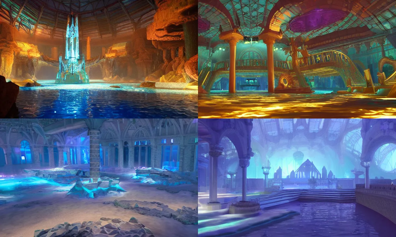 Prompt: the crystal palace of atlantis under the sea glows light blue, light effect, artstation, high - definition picture, unreal engine, high - definition picture