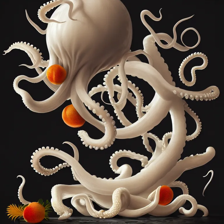 Prompt: still life of flowers, white alien squid, white octopus, surreal alien ribbed fruit, tropical fruit, white human spine, baroque painting, beautiful detailed intricate insanely detailed octane render trending on Artstation, 8K artistic photography, photorealistic, chiaroscuro, Raphael, Caravaggio