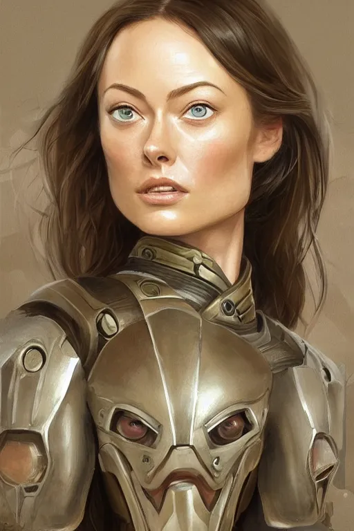 Image similar to a professional painting of a young Olivia Wilde, clothes in military armor, olive skin, long dark hair, beautiful bone structure, symmetrical facial features, intricate, elegant, digital painting, concept art, smooth, sharp focus, illustration, from StarCraft by Ruan Jia and Mandy Jurgens and Artgerm and William-Adolphe Bouguerea