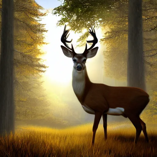 Prompt: realistic proportioed alert buck white tail deer with large antlers standing on top of a hill with light shining through the trees in the early morning, global illumination, volumetric shadows, volumetric lighting digital painting, trending on artem, trending on deviantart,