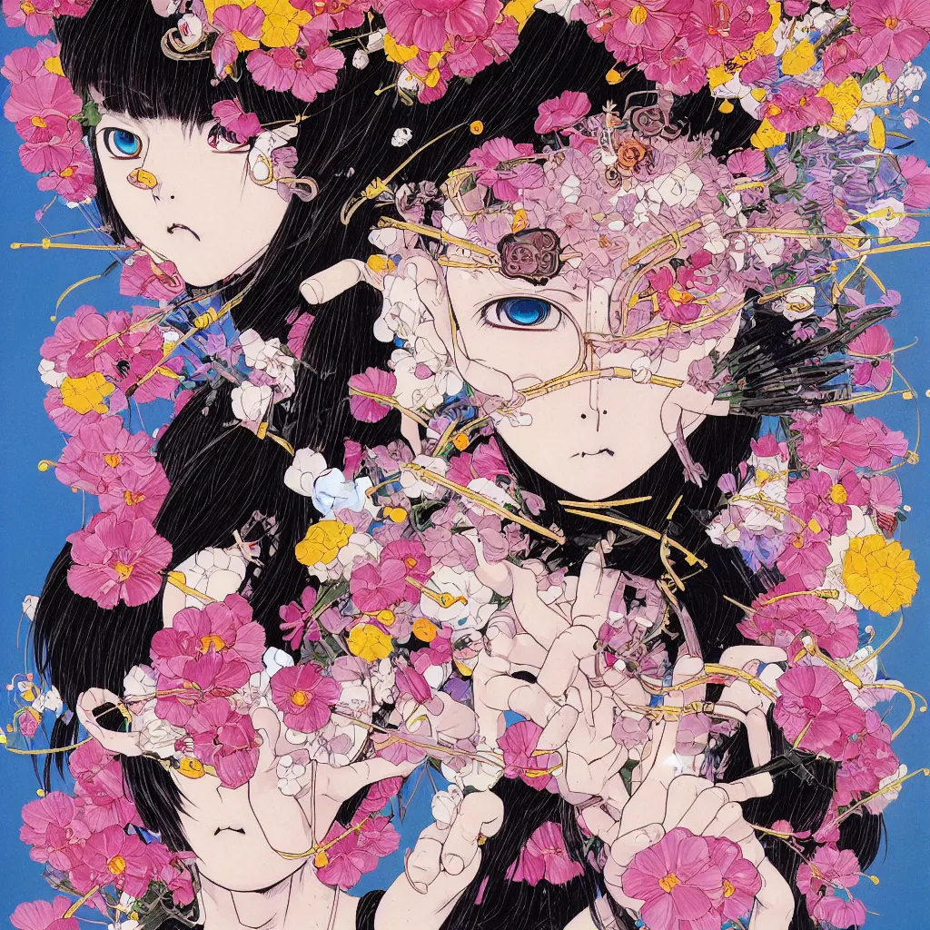 Image similar to prompt: Fragile portrait of persona covered with random flowers illustrated by Katsuhiro Otomo, inspired by sailor moon and 1990 anime, smaller cable and cryborg parts as attributes, eyepatches, illustrative style, intricate oil painting detail, manga 1980