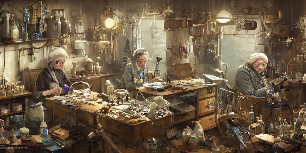 Image similar to an environmental concept art of an elderly russian woman cyberneticist in a cluttered mechanics workshop, surgical implements, surgery table, highly detailed, cinematic, dramatic, cyberpunk, dieselpunk