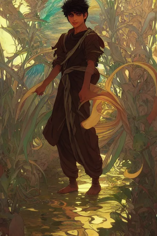 Prompt: pakistani teenage boy as an anime protagonist, fantasy, intricate, elegant, highly detailed, digital painting, artstation, concept art, smooth, sharp focus, illustration, art by gaston bussiere and alphonse mucha
