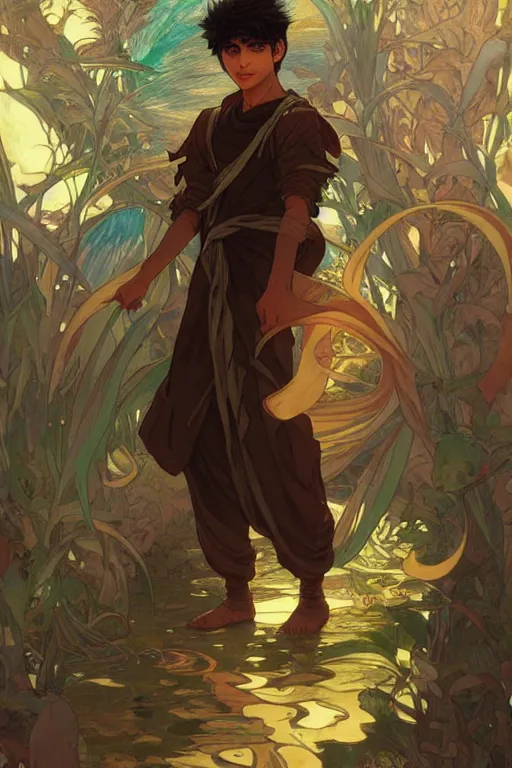 Image similar to pakistani teenage boy as an anime protagonist, fantasy, intricate, elegant, highly detailed, digital painting, artstation, concept art, smooth, sharp focus, illustration, art by gaston bussiere and alphonse mucha