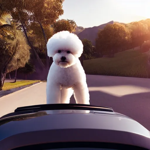 Image similar to a photorealistic image of bichon frise riding in the back on an Uber through Hollywood at sundown. This 4K HD image is Trending on Artstation, featured on Behance, well-rendered, extra crisp, features intricate detail and the style of Unreal Engine.