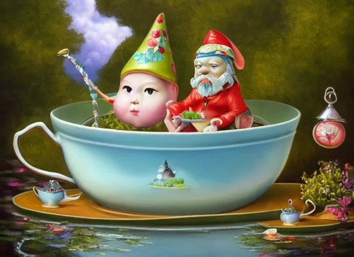 Image similar to a garden gnome sailing in a teacup, whimsical background of a reflective pond on a sunny day with dramatic clouds, an ultrafine detailed painting by mark ryden, trending on deviantart, pop surrealism, whimsical, lowbrow, joyous, perfect cute face