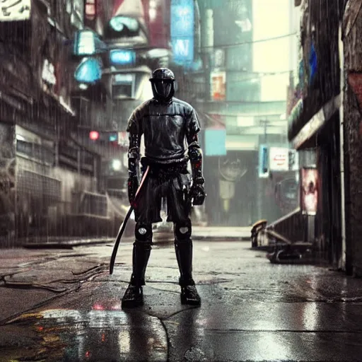 Prompt: an old robot with wheel legs gripping a beautifully crafted and detailed katana sword with a badass pose. Rainy Grungy neon cyberpunk alleyways in the background Badass pose , Photo realistic , Gregory Crewdson , Award winning. Masterpiece, exquisite detail, post processing