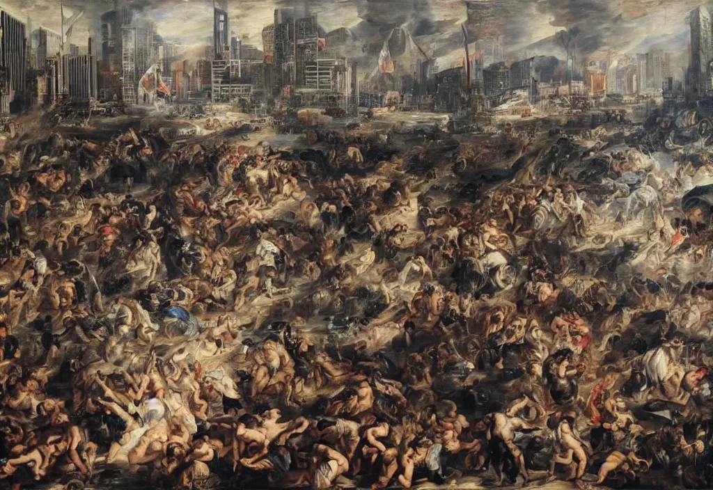 Image similar to 2 0 2 1 hong kong riot by peter paul rubens. city buildings in the background.