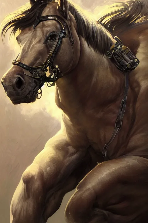 Image similar to portrait of hulking anthro horse whose physique is bursting with muscle wearing a tactical bodysuit, glowing tubes inserted into flesh, test subject, full body, sci - fi, highly detailed, digital painting, artstation, concept art, sharp focus, illustration, art by artgerm and greg rutkowski and alphonse mucha