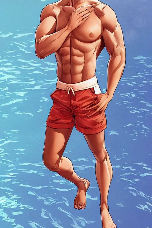 Image similar to a handsome male fitness model with blonde hair who is also a male android, ken, muscular, wearing a white crop top and short light orange shorts, stands by a swimming pool, facing forward, in the style of artgerm and moebius and annie liebovitz, photorealistic, highly detailed