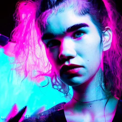 Prompt: grimes onstage, volumetric neon lights in the background, gleaming, 3 5 mm photography, portrait!!!!!!, trending on artstation, 4 k, 8 k, zbrush, mannerism