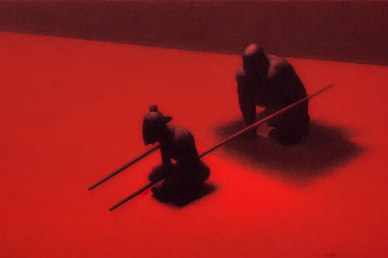 Image similar to only with red, a red samurai do seppuku, tokio, a lot of frogs watch, in the style of beksinski, parts by edward hopper, parts by rodcenko, parts by yue minjun, intricate and epic composition, red by caravaggio, insanely quality, highly detailed, masterpiece, red light, artstation, 4 k