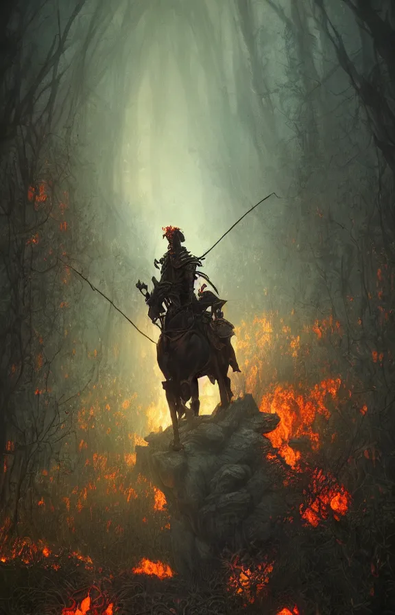 Prompt: portrait of a knight among flowers in dark forest, surrounded by fire and smoke, moody, rim light, dynamic lighting, cinematic shot, gritty, ultra - detail, renderman, physically based render, jean delville, gustave dore and marco mazzoni