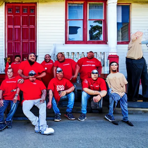 Prompt: Bloods gang posing in front of old house on Los Angeles street, two red lowrider beside