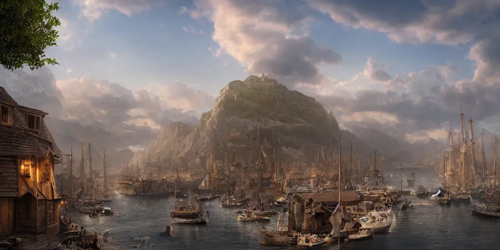 Prompt: beautiful matte painting of a port village by weta workshop 8 k, cinematic dramatic atmosphere, dramatic lighting