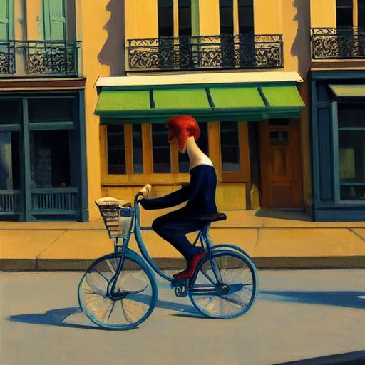 Image similar to young puppy riding a bike in paris. edward hopper. faithfully depicted, sharp focus, global illumination, radiant light, detailed and intricate environment, trending on artstation