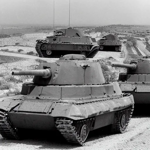 Prompt: cromwell tanks cruising through tunisia with artillery blasts around them