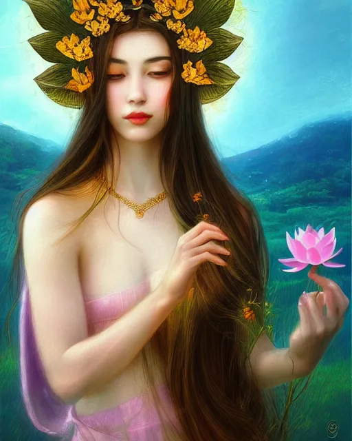 Image similar to the goddess of summer, with lotus on her head, half - length head portrait, dreamy, beautiful, by wlop