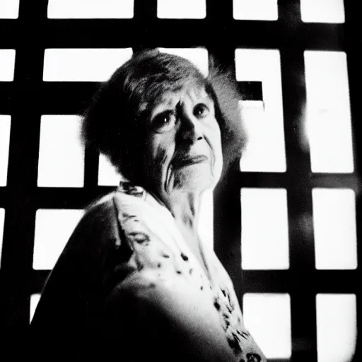 Prompt: photo of Leslie by Diane Arbus, extreme closeup, black and white, high contrast, Rolleiflex, 55mm f/4 lens