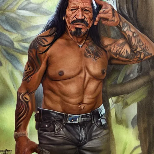 Prompt: danny trejo hiding in the bush, high definition image, featured on artstation, realistic shading, sharp contour