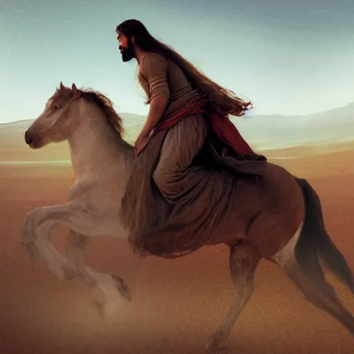 Prompt: jesus christ, riding a horse in the desert, by alyssa monks, by greg rutkowski, cinematic, canon