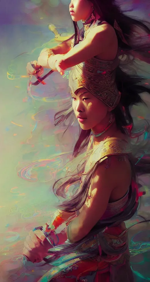 Image similar to beautiful asian ethnic warrior girl, digital illustration by ruan jia on artstation, outlined by whirling illuminated neon lines and fine lines swirling in circles by jesper ejsing and rhads and makoto and shinkai and lois van baarle, digital art, trending on artstation